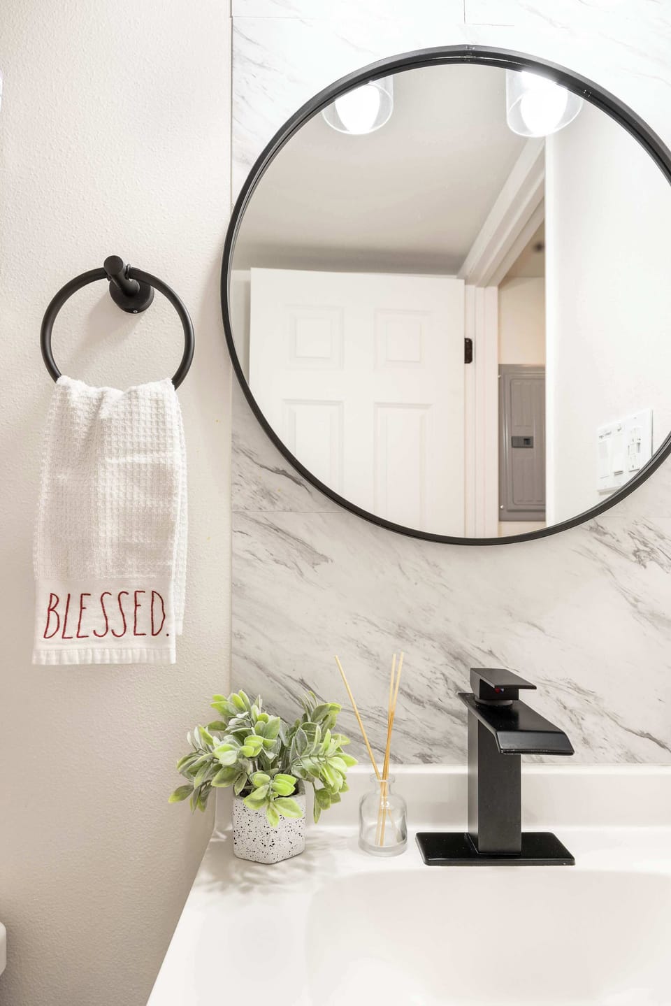 Detailed view of the sleek vanity highlighting its contemporary decor.