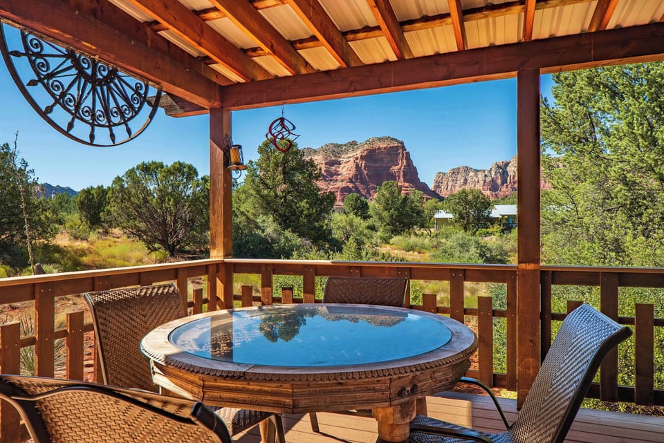 Enjoy al fresco dining on the patio with panoramic red rock views.