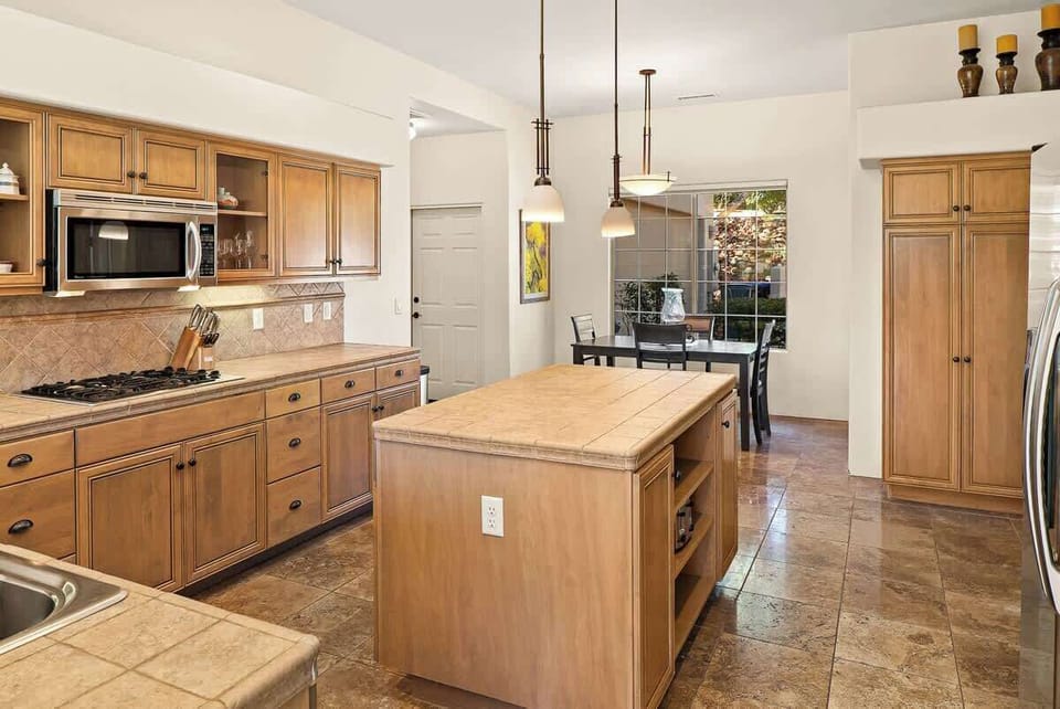 Plenty of counter space and extra dining.