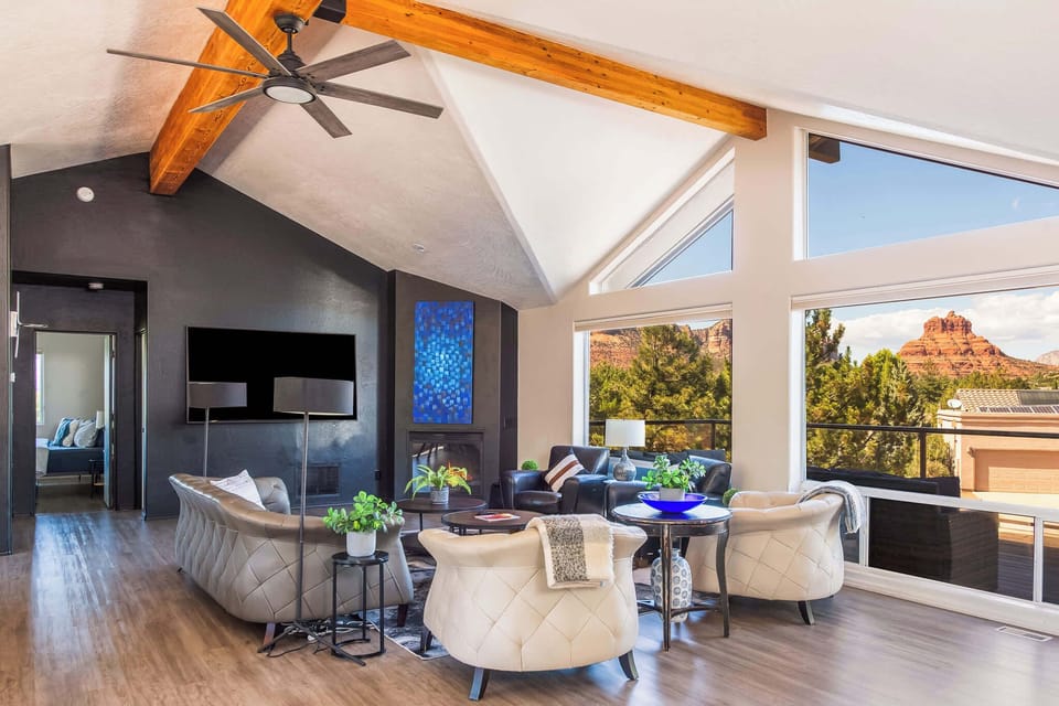 Vaulted charm, luxe seating, scenic red rock views.
