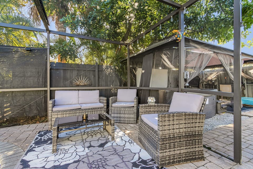 Pool seating area with TV