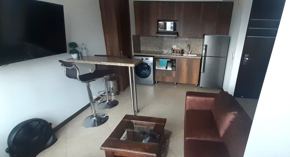 Full-size fridge, microwave, stovetop, blender