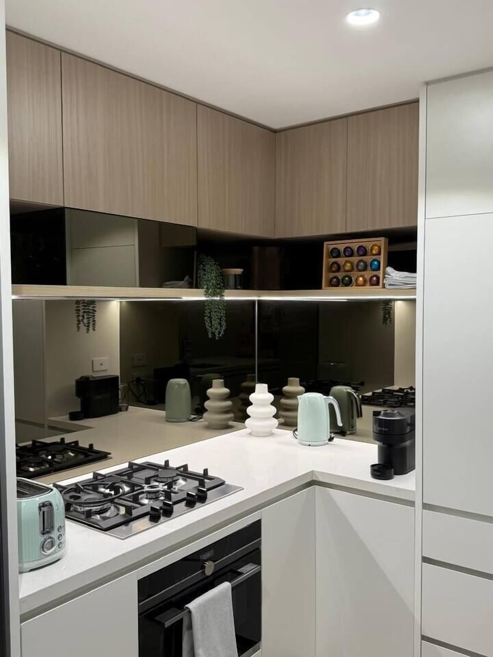 Kitchen with gas stoves, oven, microwave, multifunctional cooker: pressure/rice/slow cooker, Nespresso capsule coffee machine, kettle, toaster, dishwasher and full cooking essentials (salt and peppers available)