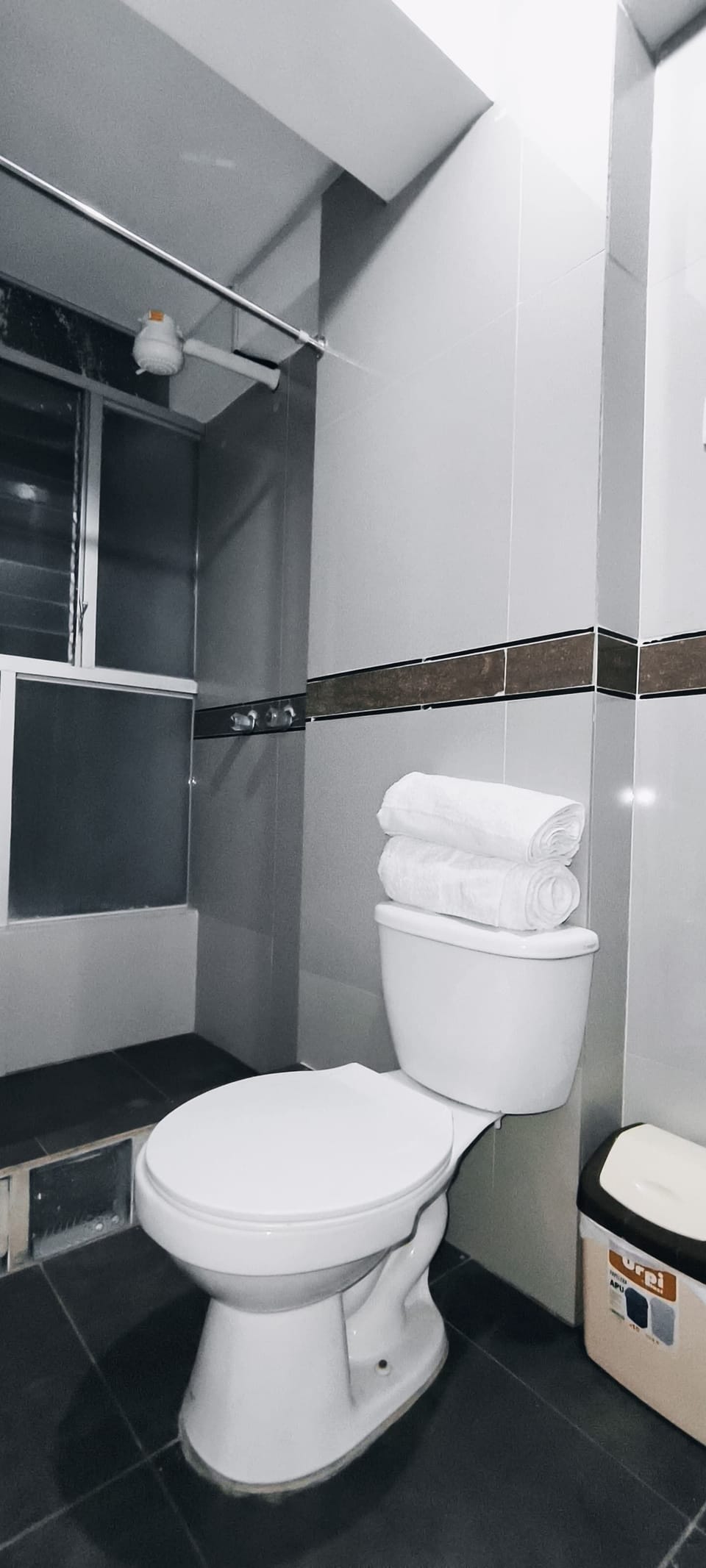Combined shower/tub, towels, soap, shampoo