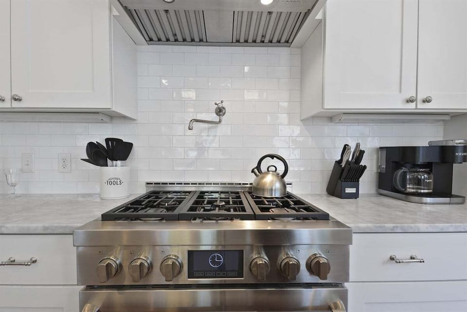 A beautiful gas stove ready for everything from morning coffee to gourmet dinners.