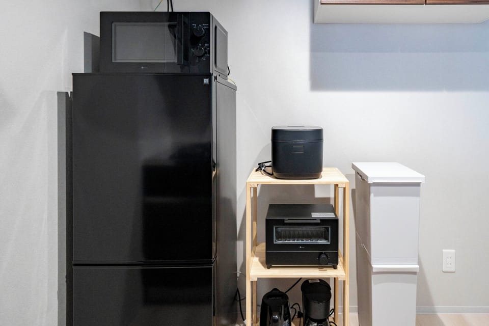 Full-size fridge, microwave, stovetop, electric kettle