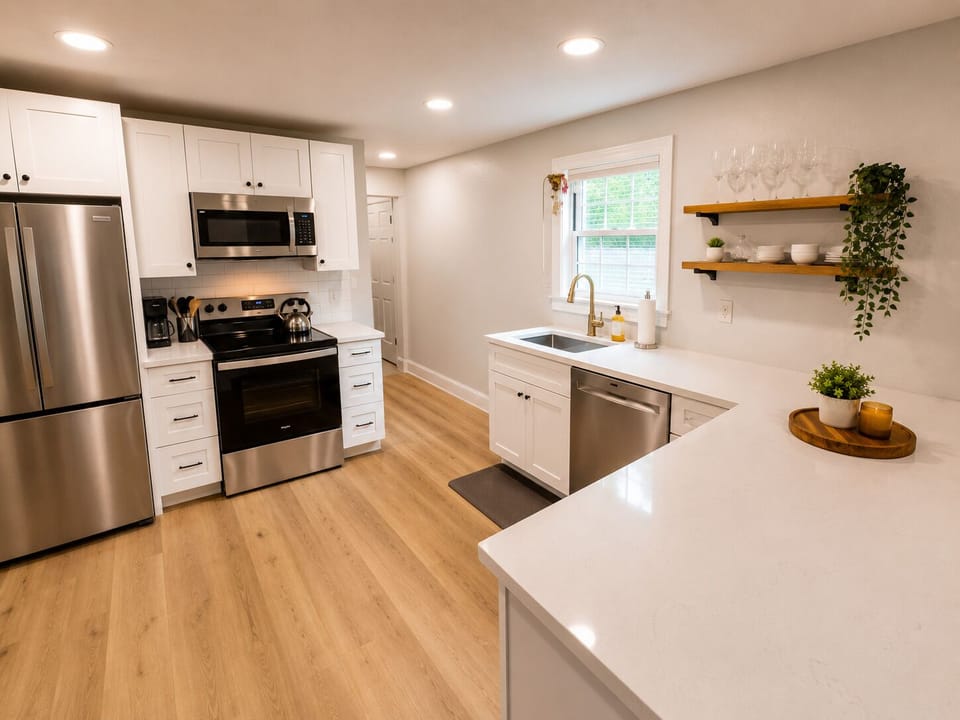 Pour a glass from the stemware rack and toast a kitchen ready for your whole group - quartz counters, real storage, zero scrambling.