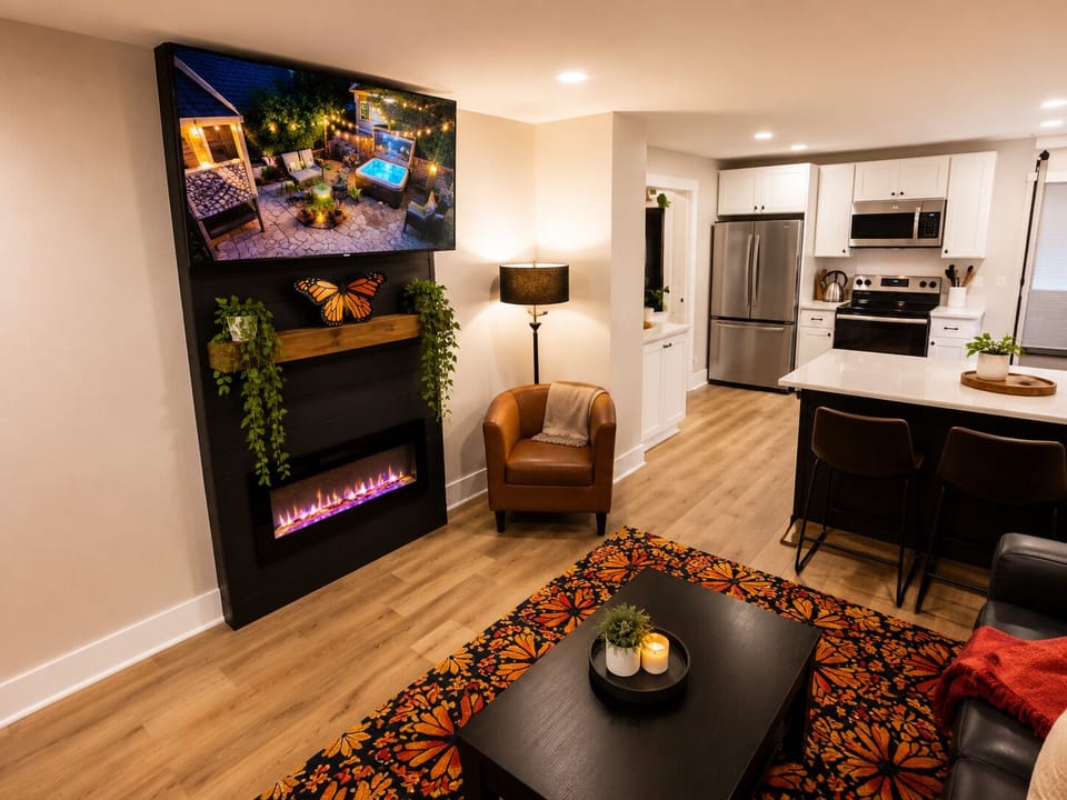 Settle into the armchair by the fire while dinner cooks just steps away - you're still in the conversation with the kitchen crew.