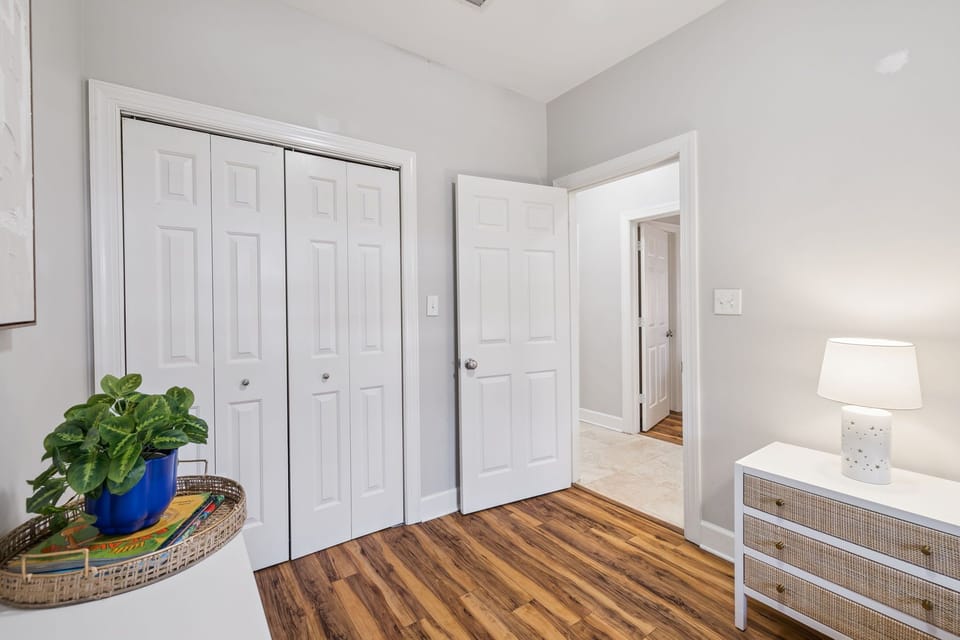 The guest room is functional and elegant
