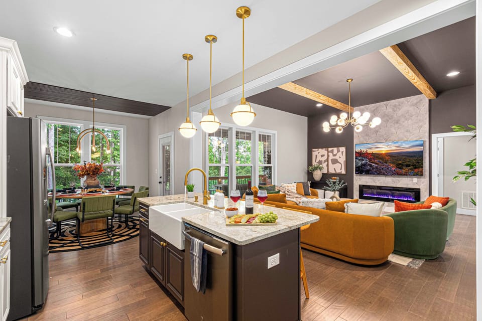 Natural light and bold decor make this kitchen the heart of the retreat.
