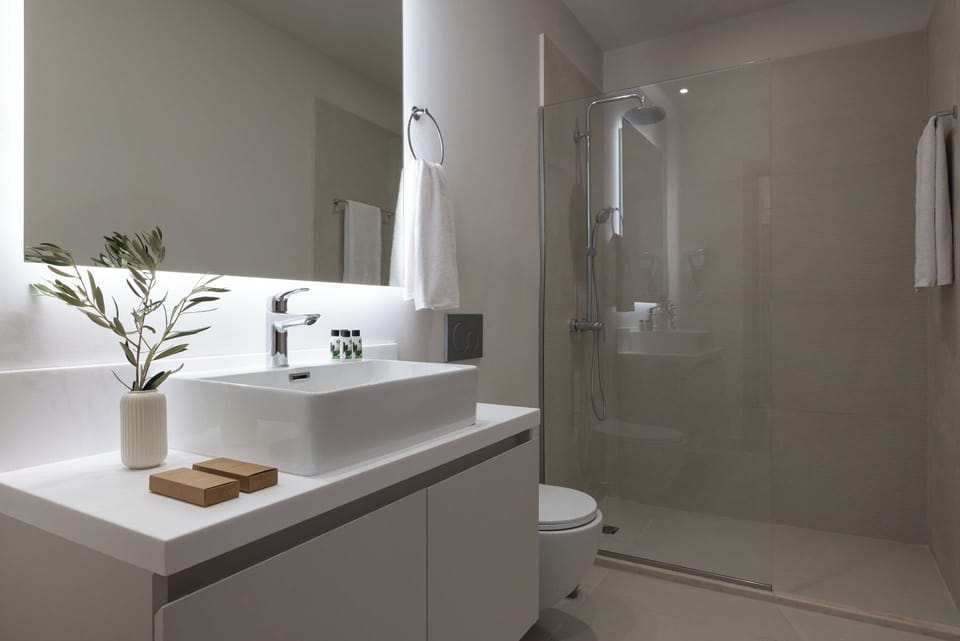 Shower, hair dryer, slippers, towels
