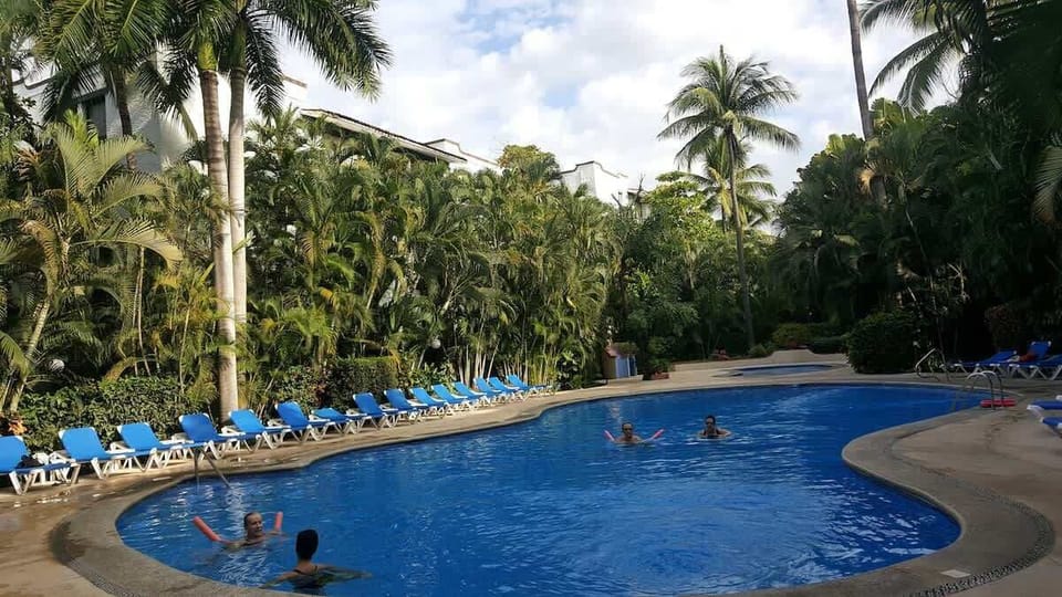 Surrounded by lush greenery and lounge chairs