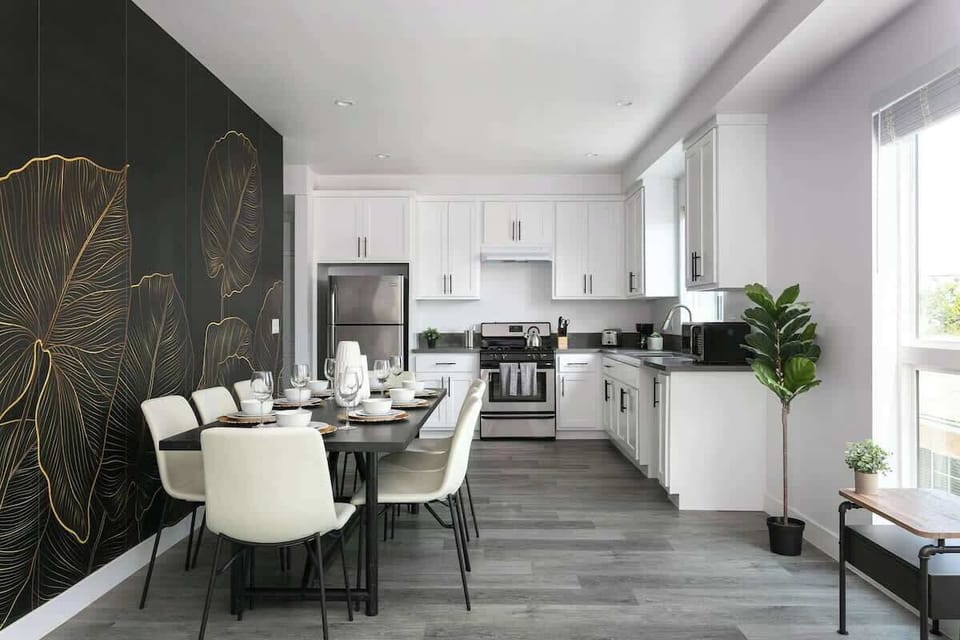 Stylish dining space with modern decor and seating
