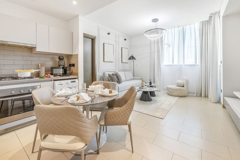 A modern dining area, perfect for meals and gatherings.