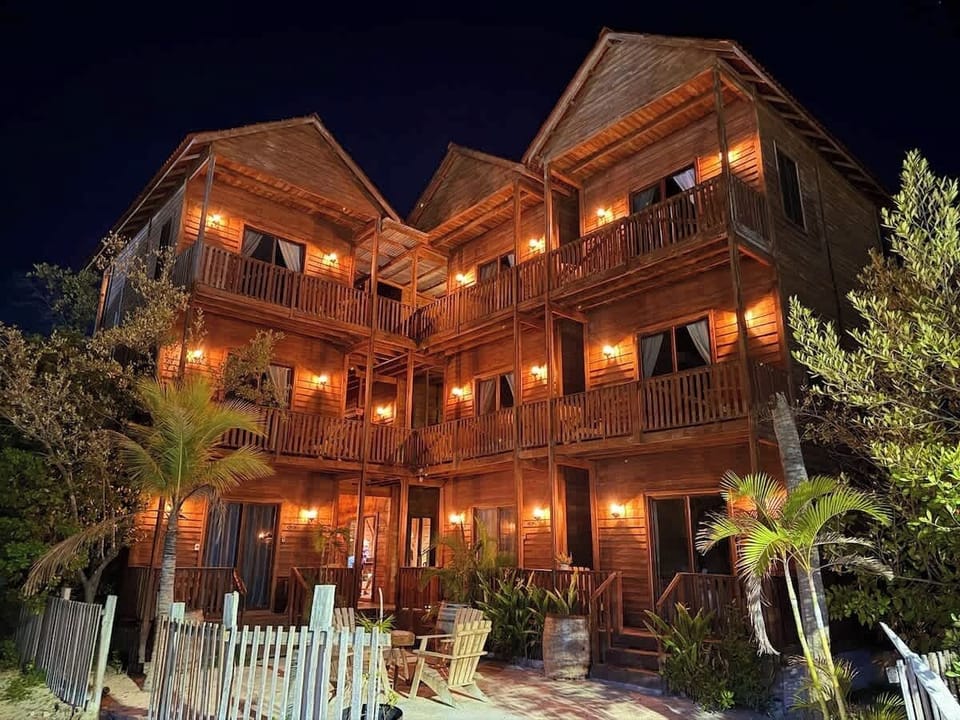 Eco-hotel exterior at dusk