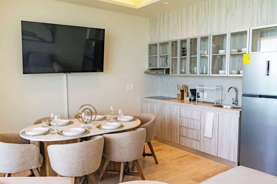 Open kitchen and dining area