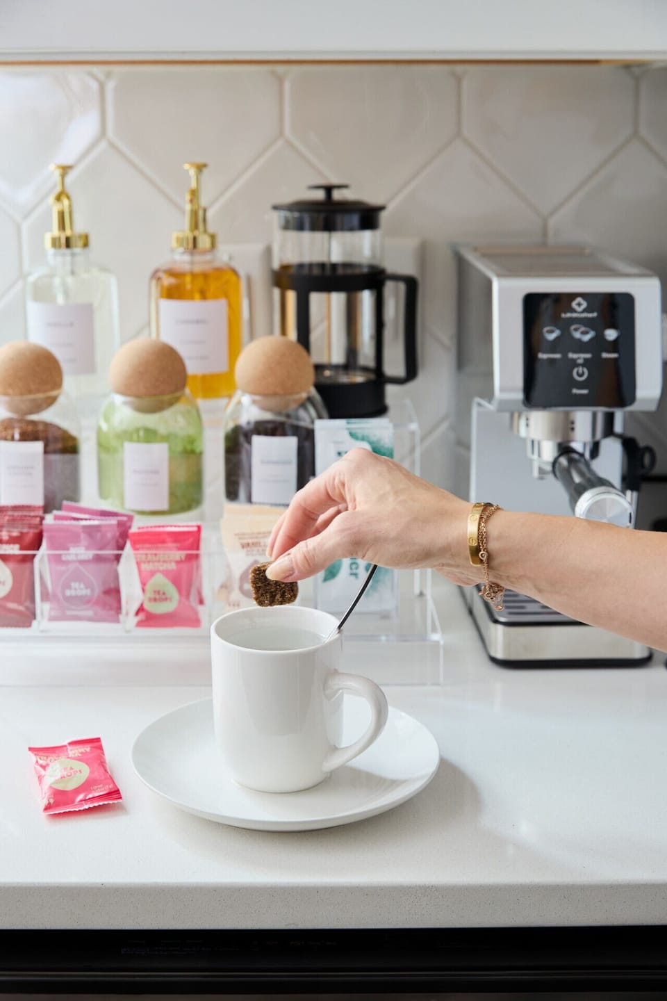 Your morning ritual, elevated. Enjoy an espresso, French press, fresh coffee, or artisan tea (including matcha and Tea Drops!) at our fully stocked, IG-worthy coffee bar.