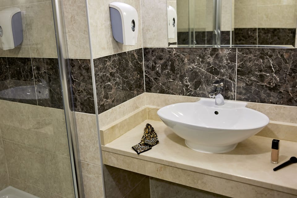 Shower, eco-friendly toiletries, hair dryer, slippers