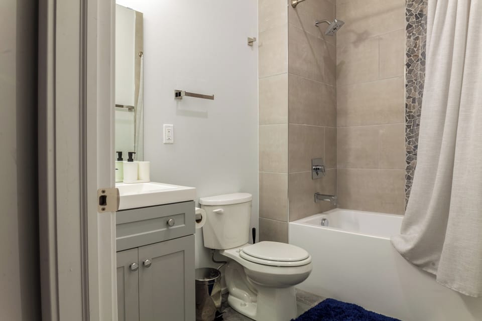 A sparkling bathroom with quality amenities.
