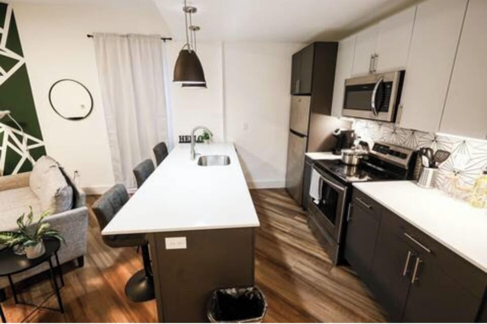 A welcoming kitchen with ample counter space.

