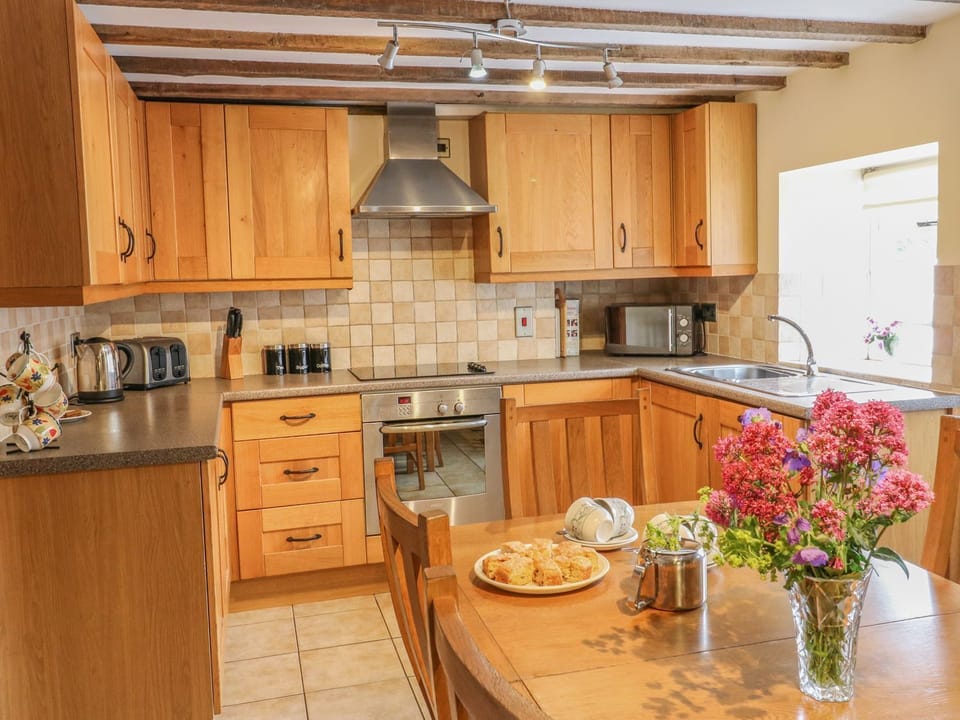 Fridge, microwave, dishwasher, cookware/dishes/utensils