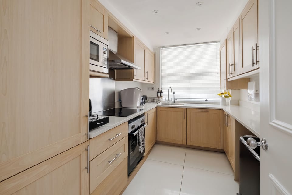 Luxury Apartment | Private kitchen | Full-size fridge, microwave, oven, stovetop