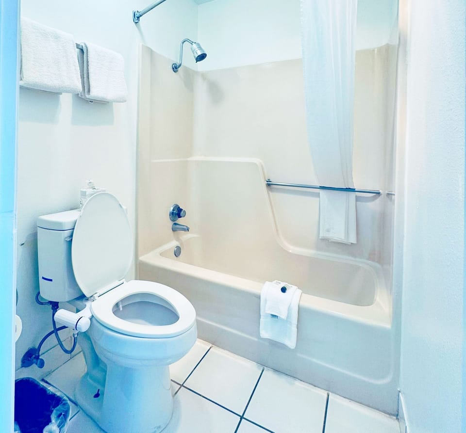 Combined shower/tub, towels