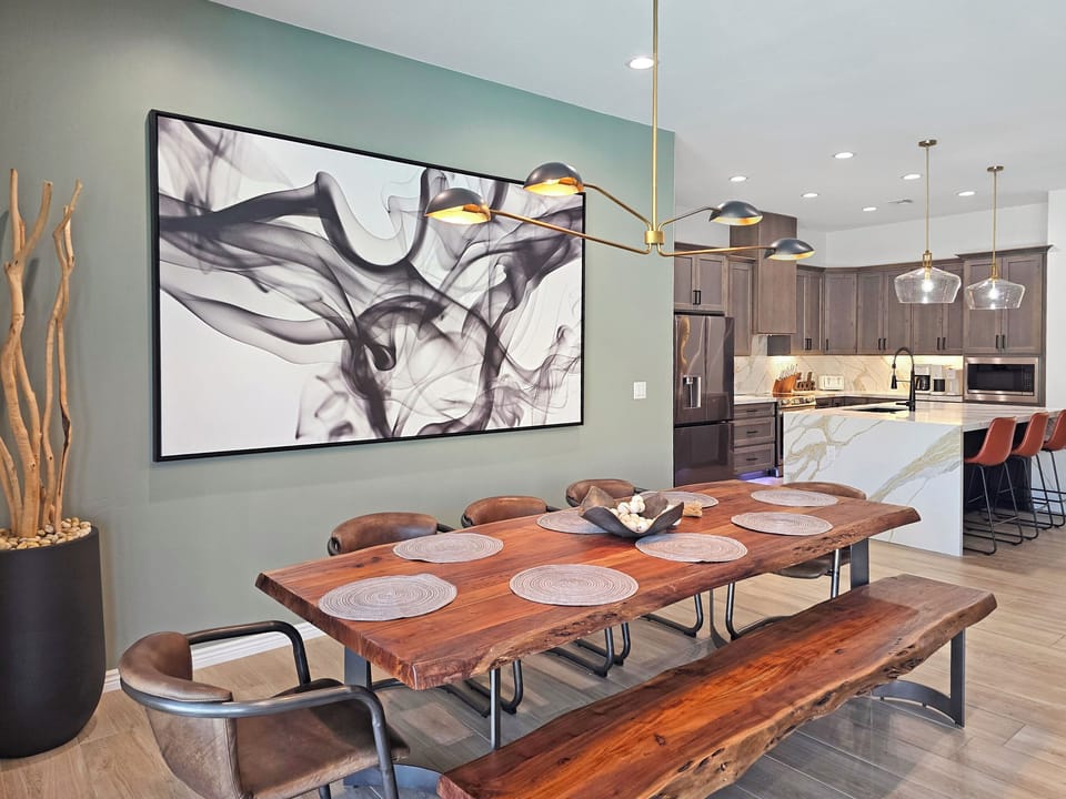 Custom live edge wood dining table with seating for 8.