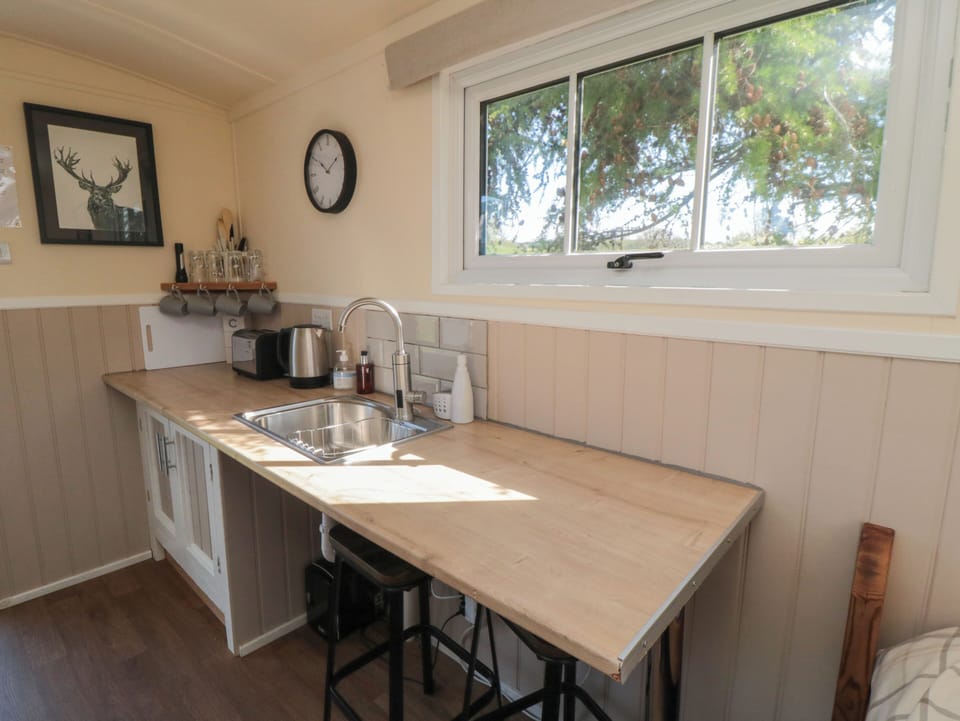 Fridge, microwave, toaster, cookware/dishes/utensils