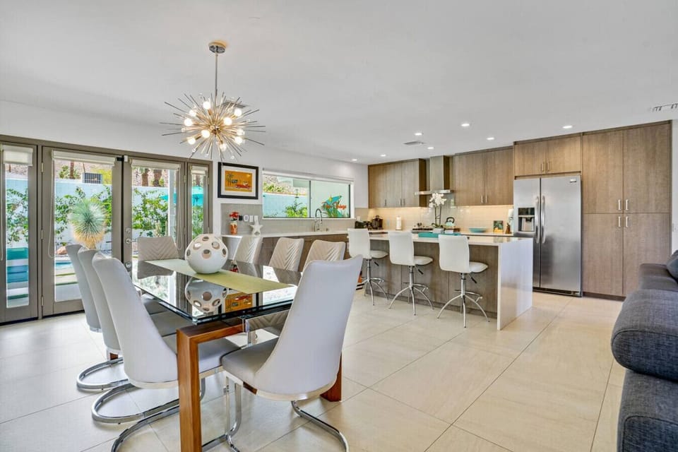 An angle showcasing the dining area and bar at the kitchen