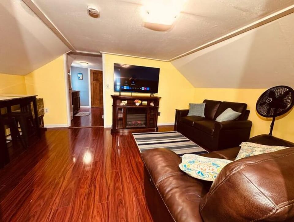 Smart TV, fireplace, fan