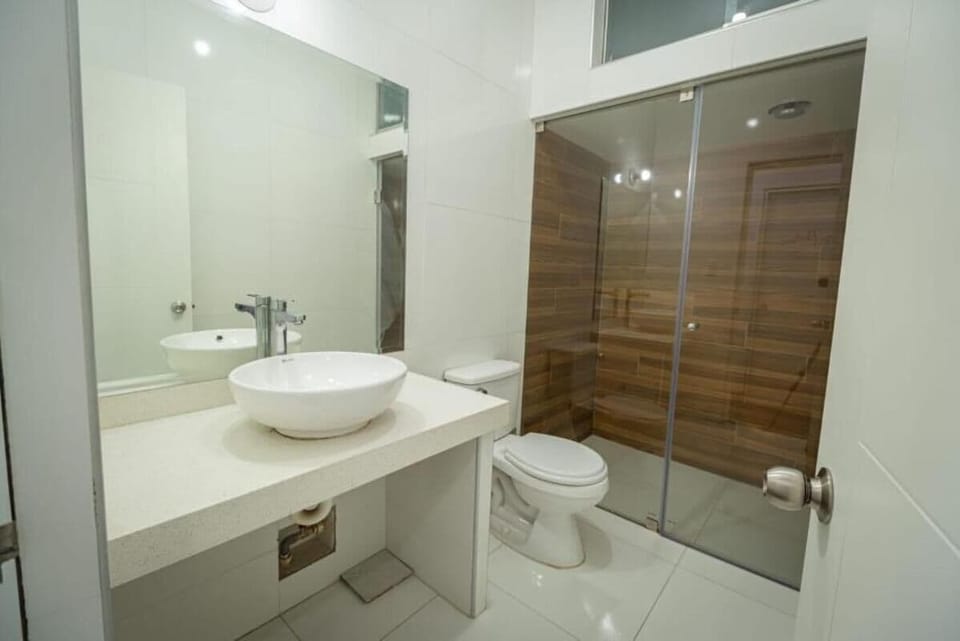 Shower, towels, toilet paper