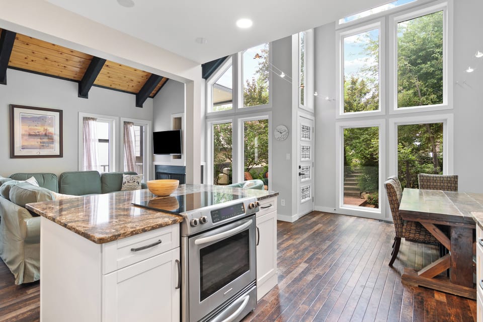 Dining, kitchen, sitting areas.