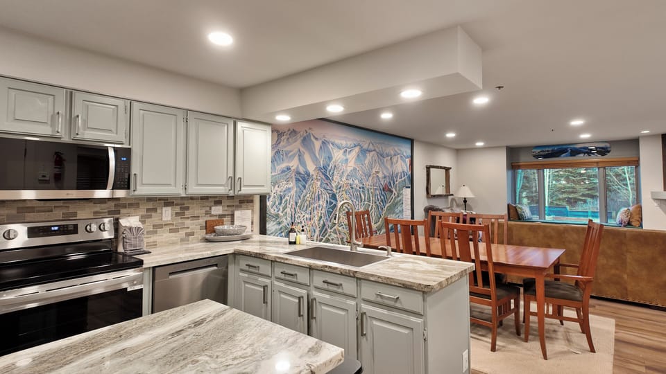 Open kitchen overlooking dining area