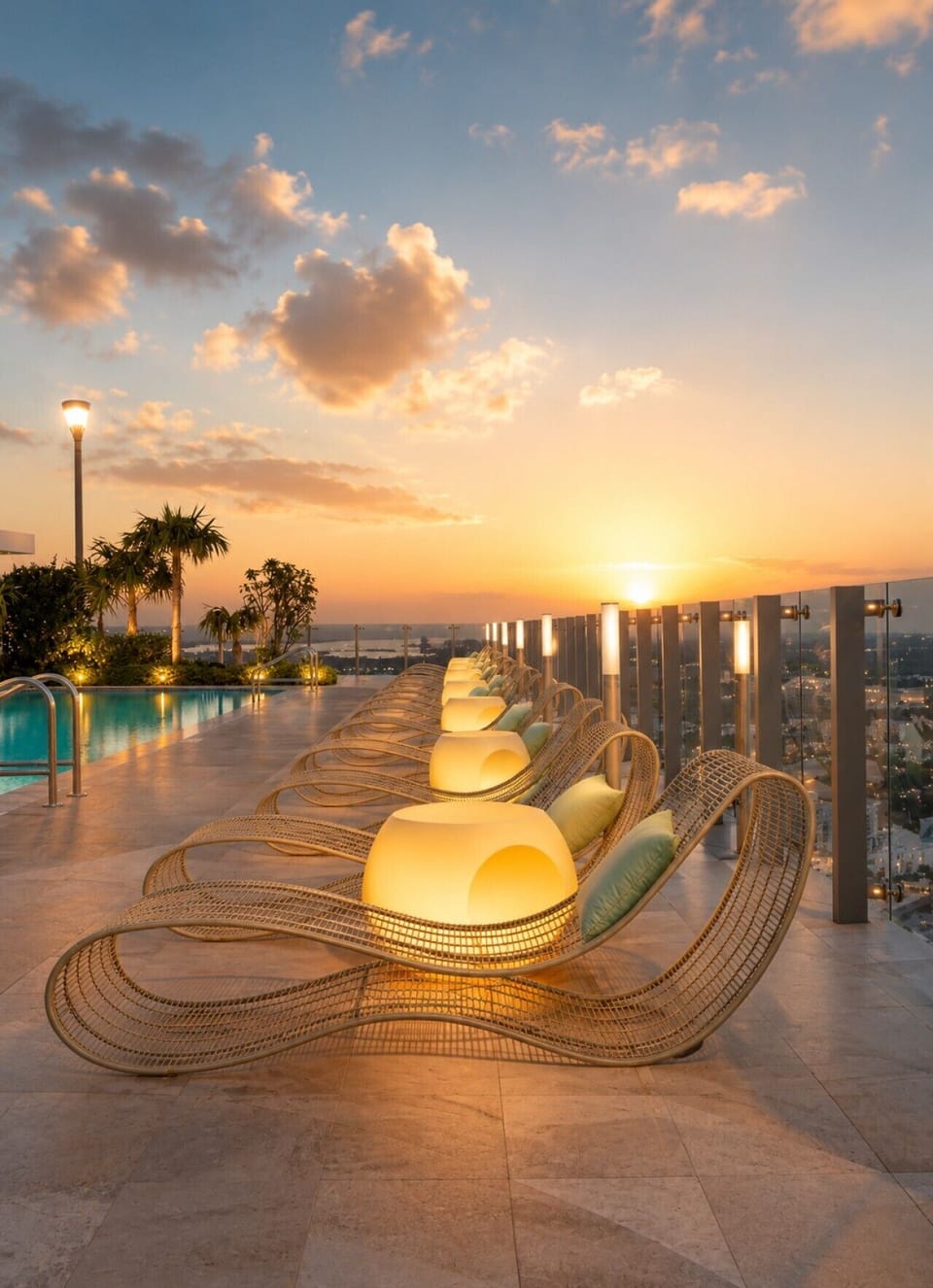 Unwind by the pool and enjoy peaceful sunset views from the outdoor lounge area.