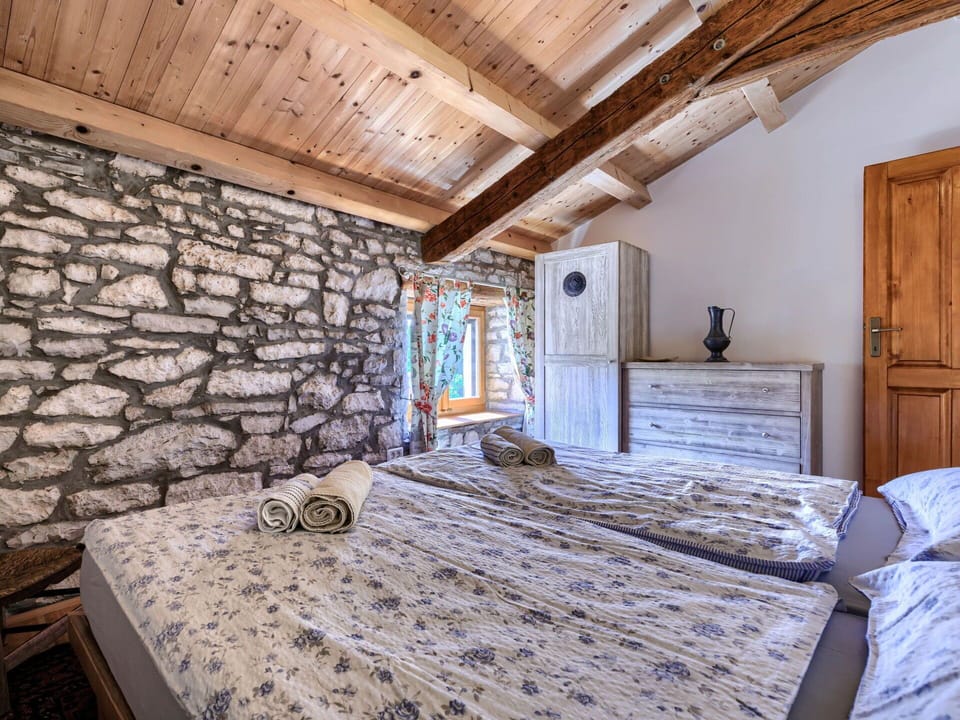 Home, Stone Wall, Cottage, Bedroom, Bedding, Hardwood, Bed, Log Cabin, Linens, Bed Frame