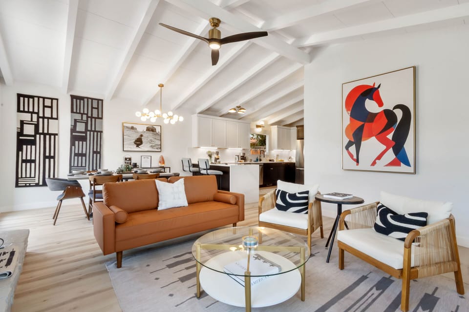 At Redscape you'll feel the untamed energy of Sedona. Come relax in this modern living space. Two leather sofa's, two minimalist modern chairs, smart tv and views.