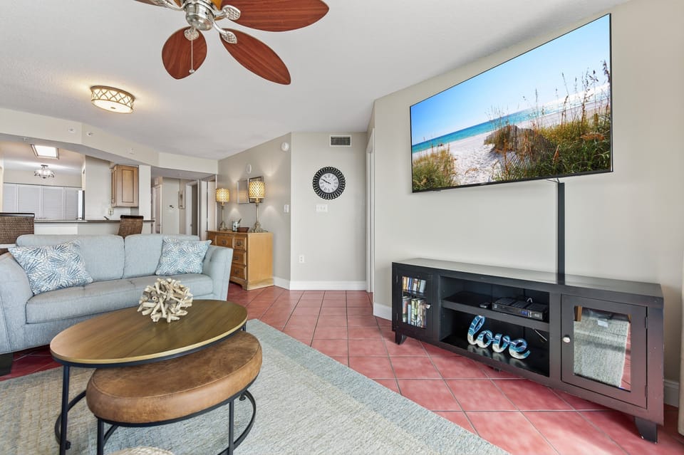 Watch your favorite shows and movies on the large TV in the oceanfront living room