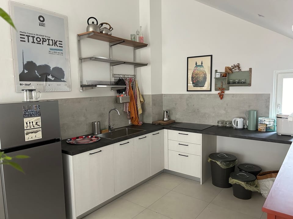 Shared fridge, coffee/tea maker, electric kettle, highchair
