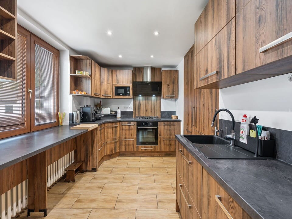 Kitchen, Cabinetry, Countertop, Wood, Flooring, Interior Design, Furniture, Cupboard, Drawer, Kitchen Appliance