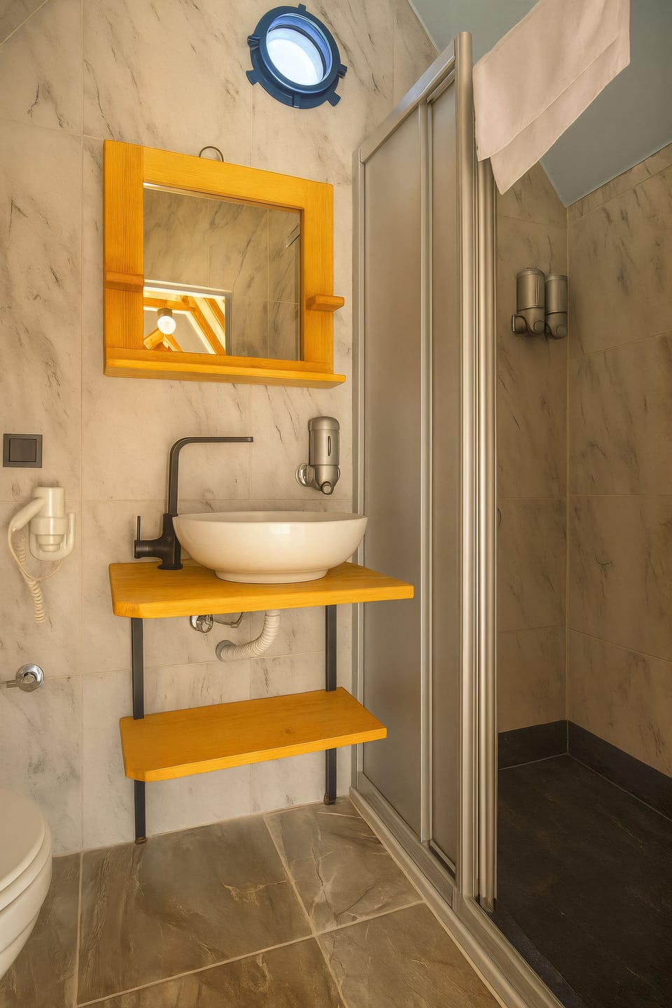 Shower, hair dryer, slippers, towels