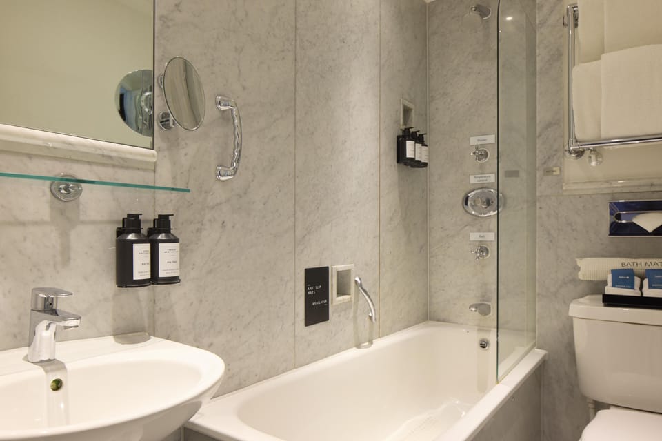 Designer toiletries, hair dryer, towels