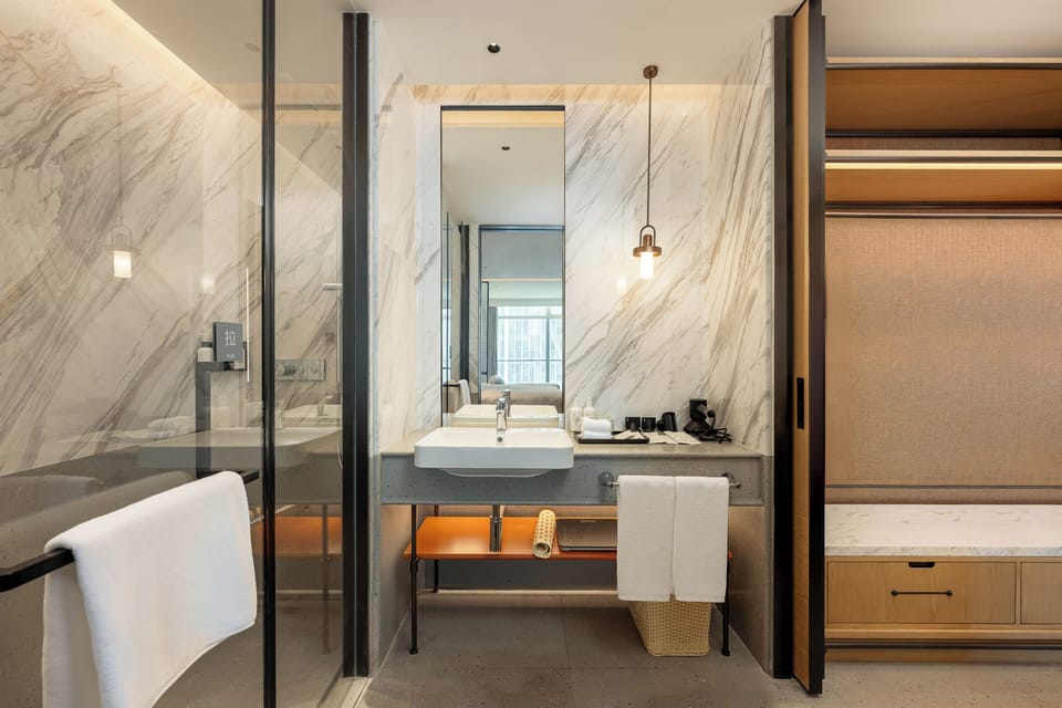King Suite Smart Fitness Mirror | Bathroom | Shower, rainfall showerhead, hair dryer, bathrobes