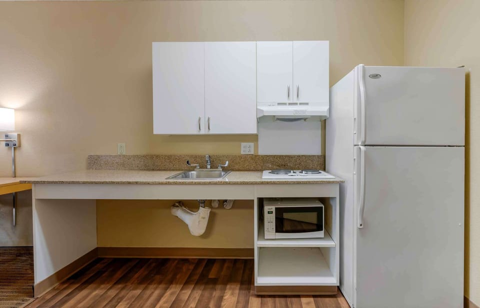 Full-size fridge, microwave, stovetop