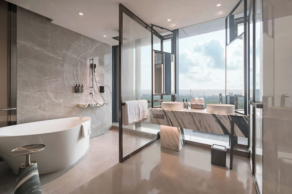 Executive King Balcony | Bathroom | Hair dryer, slippers, towels, soap