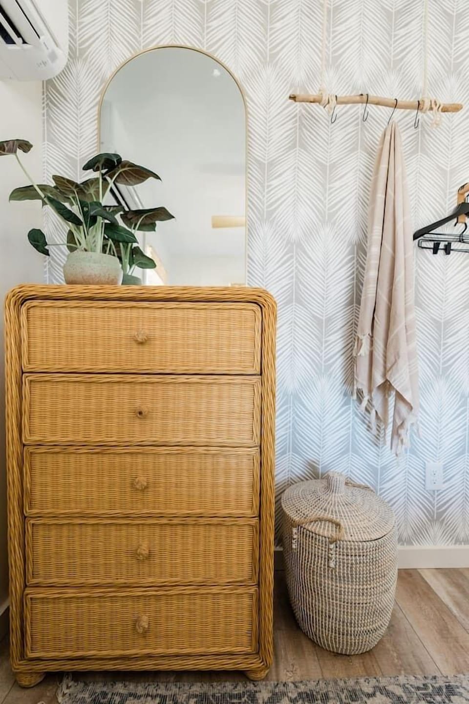 Tropical vibes with space to hang clothes, and a full dresser in you feel like unpacking during your stay