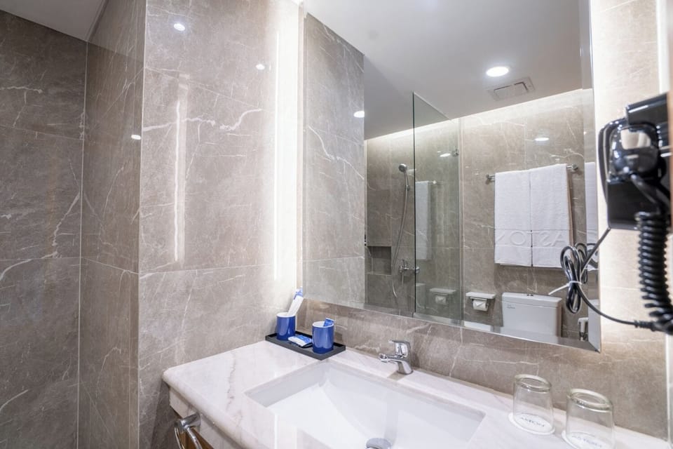 Shower, slippers, towels