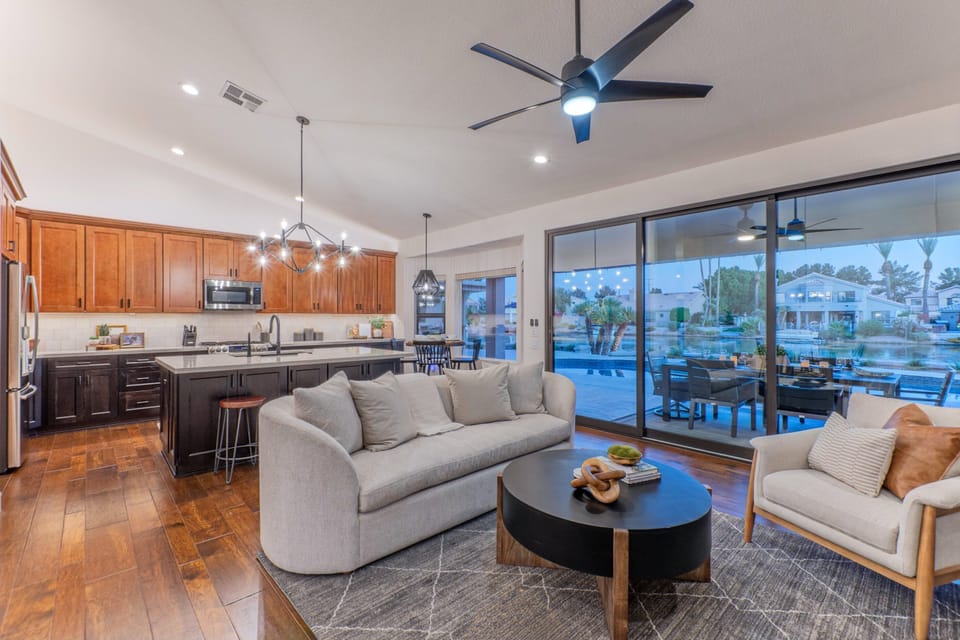 A truly GREAT room with a sitting area, fully stocked kitchen, table seating and views of our beautiful outdoors.