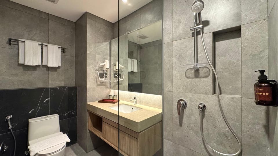 Shower, rainfall showerhead, hair dryer, slippers