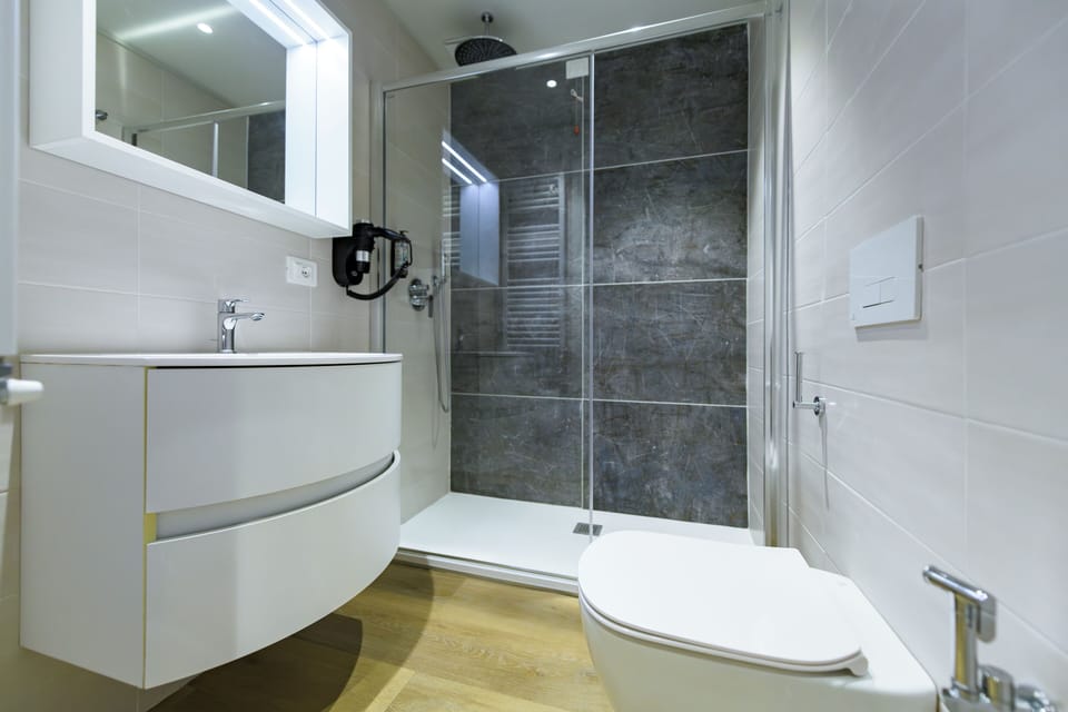 Shower, designer toiletries, hair dryer, towels